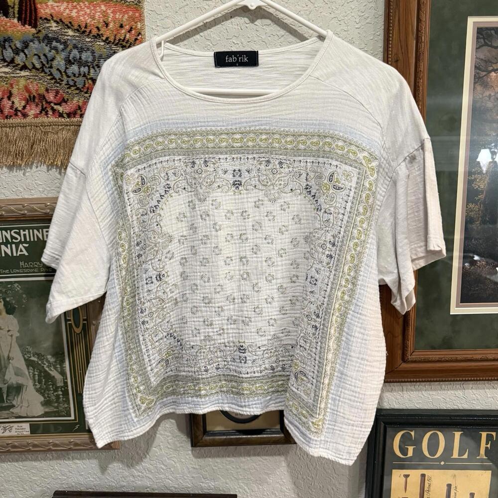 NWOT Fab'rik Tan and White Checked T-Shirt Women’s Designer Linen Blouse Small - Picture 1 of 7